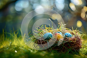 Happy easter Springtime Eggs Lilac blooms Basket. White message Bunny Kiwi Green. rose sorbet background wallpaper