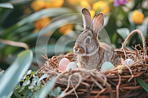 Happy easter stamp Eggs Delight Basket. White easter ribbon flower Bunny Spring. motif background wallpaper