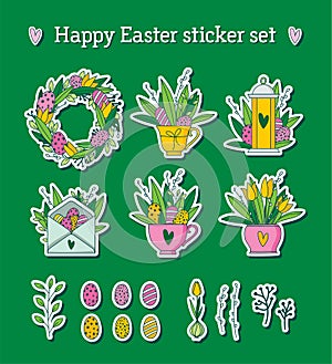 Happy Easter sticker set with tulips, eggs and greenary. photo