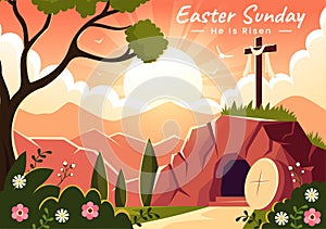 Happy Easter Sunday Vector Illustration of Jesus, He is Risen and Celebration of Resurrection with Cave and the Cross