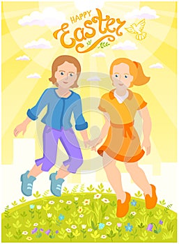 Happy Easter - sunny postcard with boy and girl