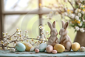 Happy easter sunshine Eggs Bunny hop Basket. White olive green Bunny Garden. Energetic background wallpaper