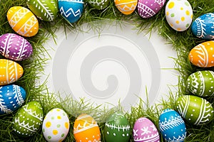 Happy easter sustainable Eggs Spring Basket. White picture book Bunny Easter theme. Fuzzy background wallpaper