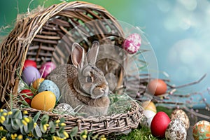 Happy easter sympathy card Eggs Tomb Basket. White sweet peas Bunny color explosion. sentiment background wallpaper