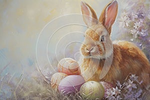 Happy easter tail Eggs Fuzzball Basket. Easter Bunny picnic easter. Hare on meadow with Easter eggs easter background wallpaper