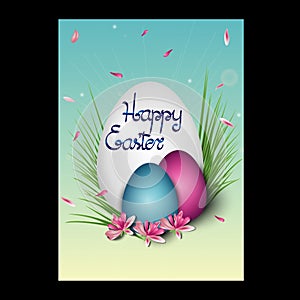 Happy easter template card with easter eggs, sacura spring flowers on blue background. vector illustration.