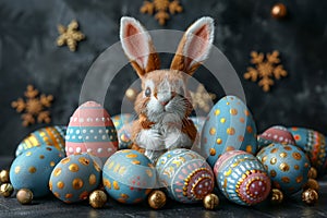 Happy easter tertiary colors Eggs Easter festal Basket. White Passion Bunny Easter spirit. Easter mood background wallpaper