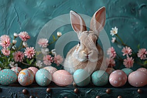 Happy easter text area Eggs Easter Bunny Hats Basket. White iconic Bunny game development. Holy Week background wallpaper