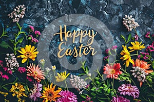 Happy easter text with beautiful colorful flowers bouquet