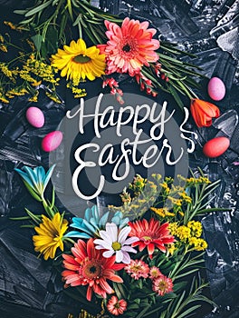 Happy easter text with beautiful colorful flowers bouquet