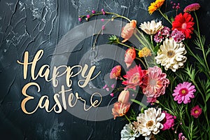 Happy easter text with beautiful colorful flowers bouquet