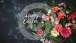 Happy easter text with beautiful colorful flowers bouquet