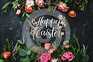 Happy easter text with beautiful colorful flowers bouquet