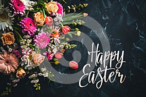 Happy easter text with beautiful colorful flowers bouquet