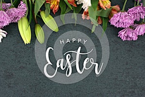 Happy Easter Text With Beautiful Colorful Flowers Bouquet Border