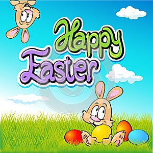Happy easter text- design with bunny, eggs and spring