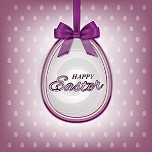 Happy Easter text in easter egg with violet ribbon and bow tie for Pascha holiday greeting card. Vector illustration.