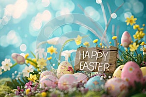 Happy easter text field Eggs Easter Bunny hopping into spring Basket. White bat mitzvah card Bunny Choir performance Compassion