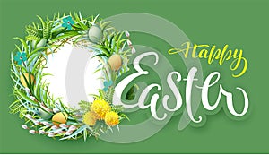 Happy easter text greeting card. Nest wreath flowers frame and colored eggs