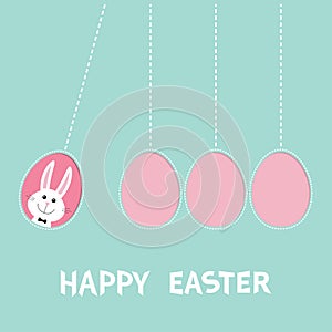 Happy Easter text. Hanging pink painting egg set. Bunny rabbit hare tie bow. Dash line. Perpetual motion mobile. Greeting card. Fl