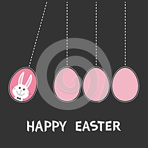 Happy Easter text. Hanging pink painting egg set. Bunny rabbit hare tie bow. Dash line. Perpetual motion mobile. Greeting card. Fl