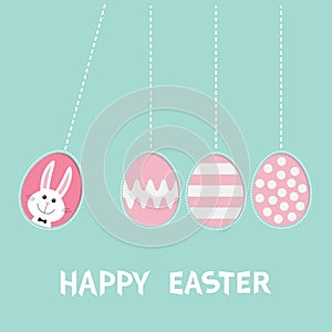 Happy Easter text. Hanging pink painting pattern egg set. Bunny rabbit hare. Dash line. Perpetual motion mobile. Greeting card. Fl