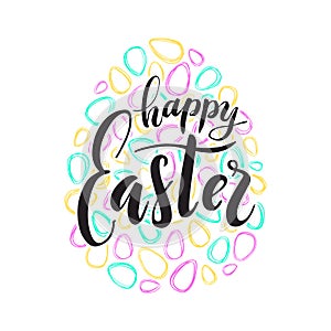 Happy Easter text lettering. Colored doodle paschal eggs photo