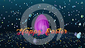 Happy Easter Text Reveal On Rotating Purple Easter Egg Surrounded By Flying Easter Eggs And Glitter Dust Above Glitter Floor
