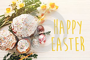 Happy easter text. season`s greetings card. delicious easter cak