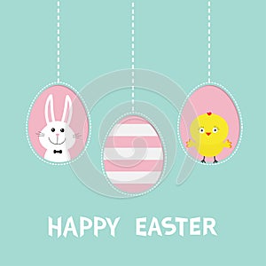 Happy Easter text. Three painting egg shell. Hanging painted egg set. Chicken bird, rabbit hare. Dash line. Greeting card. Flat