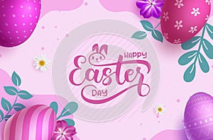 Happy easter text vector background design. Happy easter greeting card with purple eggs