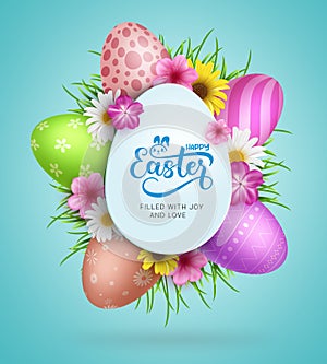 Happy easter text vector design. Happy easter greeting card with colorful printed eggs