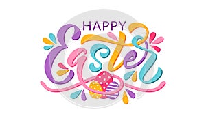 Happy Easter text. Vector illustration isolated on white background. Hand drawn text for Easter card. photo