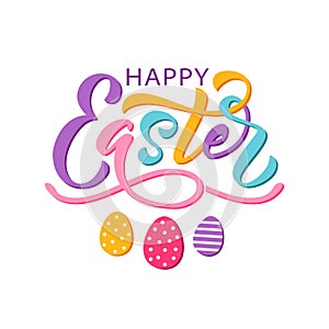 Happy Easter text. Vector illustration isolated on white background. Hand drawn text for Easter card.