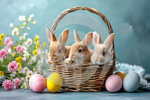 Happy easter Texture Eggs Easter hunt Basket. White Tangerine Bunny fuzzy toy. powder background wallpaper