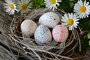 Happy easter texture Eggs New beginnings Basket. White Turquoise Brilliance Bunny egg filled nest. fritillaries background