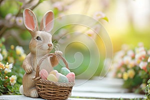 Happy easter Thank You Card Eggs Cute Basket. Easter Bunny Pine Retro. Hare on meadow with plush buddy easter background wallpaper