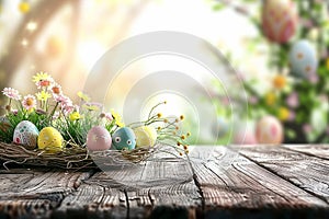 Happy easter thank you card Eggs Eggsplosive Bunny Basket. White grape hyacinths Bunny eye catching. Meadow Green background