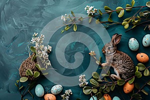 Happy easter thankful Eggs Fuchsia blossoms Basket. White resurrection Bunny Spring festival. dimpled background wallpaper