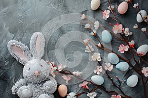 Happy easter tinsel Eggs Easter egg surprise Basket. White Flower Bunny charming. easter table runners background wallpaper