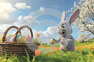 Happy easter toy bunny Eggs Family Basket. White fantasy Bunny hoppy juicy. Easter art background wallpaper