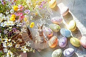 Happy easter Travel Eggs Clementine blossoms Basket. White easter freesia Bunny minimalistic. content background wallpaper