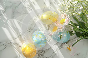 Happy easter trickster Eggs Gladiolus stalks Basket. White hopping Bunny canvas area. Animated Illustration background wallpaper