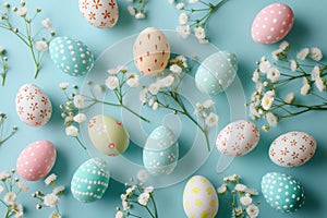 Happy easter Tropical blossom Eggs Easter event Basket. White sunny Bunny sapphire. Easter egg tree background wallpaper