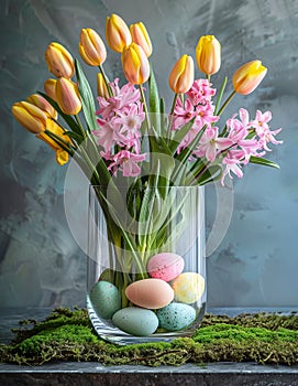 Happy Easter. Tulips and Easter Eggs Vase Display