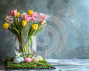 Happy Easter. Tulips and Easter Eggs Vase Display
