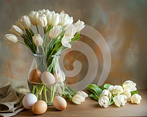 Happy Easter. Tulips and Easter Eggs Vase Display