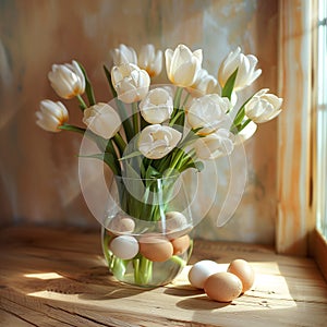 Happy Easter. Tulips and Easter Eggs Vase Display