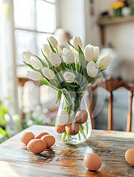 Happy Easter. Tulips and Easter Eggs Vase Display