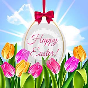 Happy Easter tulips egg and text on spring blue sky background vector illustration for greeting card, ad, promotion